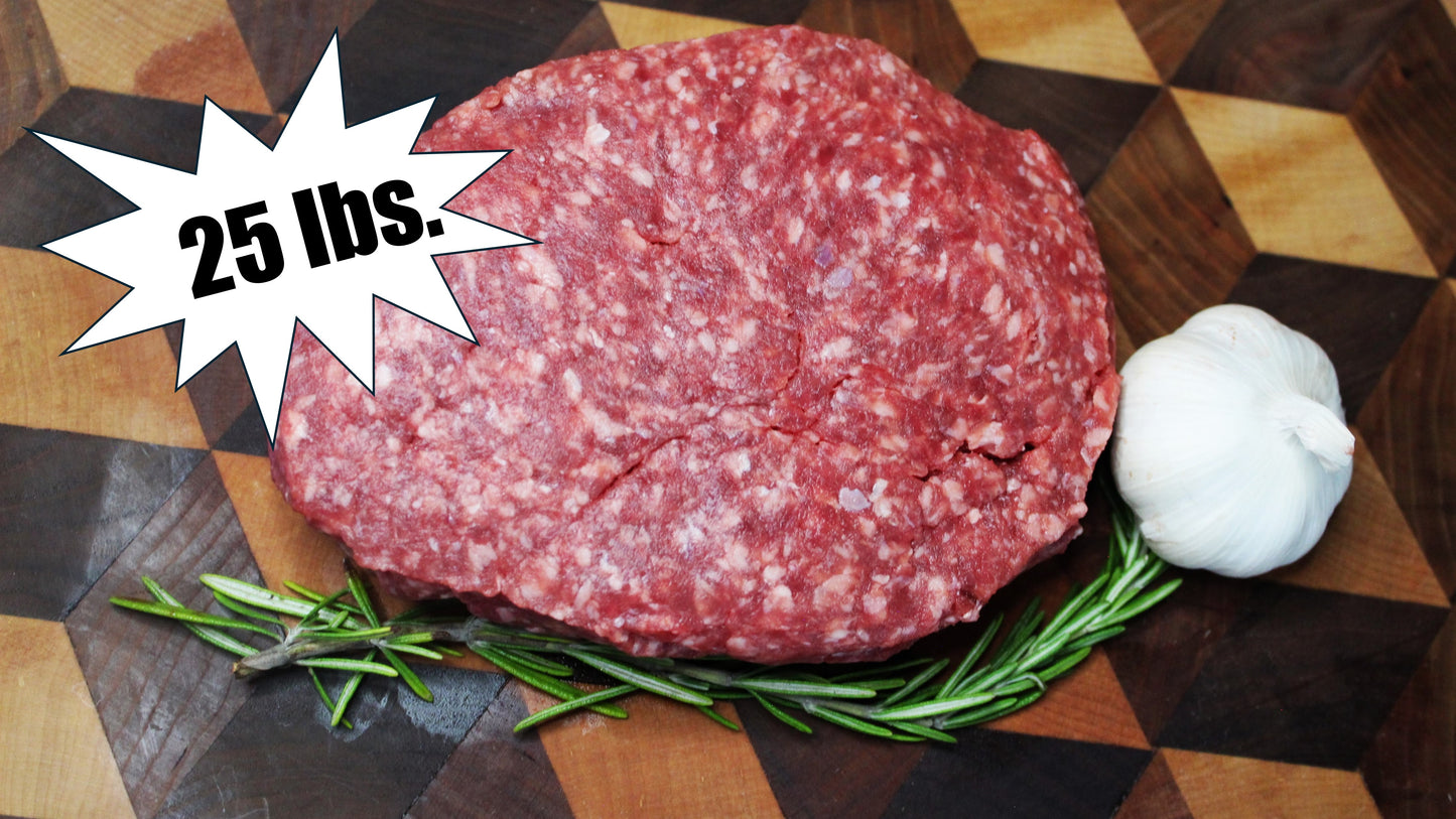 Raw ground meat on a wooden cutting board with rosemary and garlic, labeled '25 lbs.'