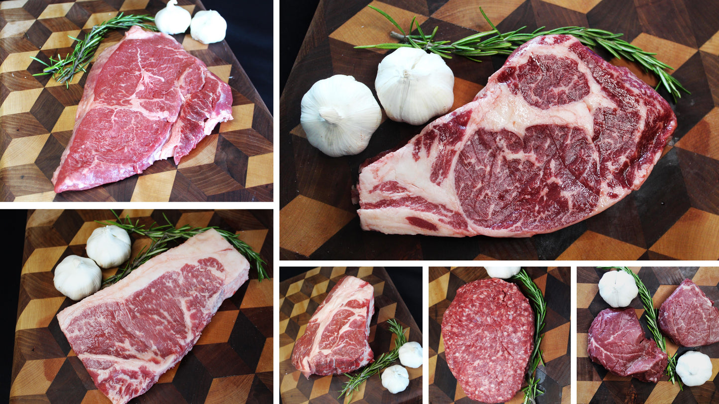 Collage of raw beef steaks on a wooden cutting board with garlic and rosemary.