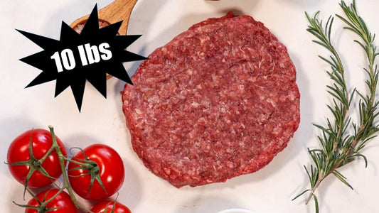 Ground beef patty on a white plate with tomatoes and rosemary, labeled '10 lbs'.