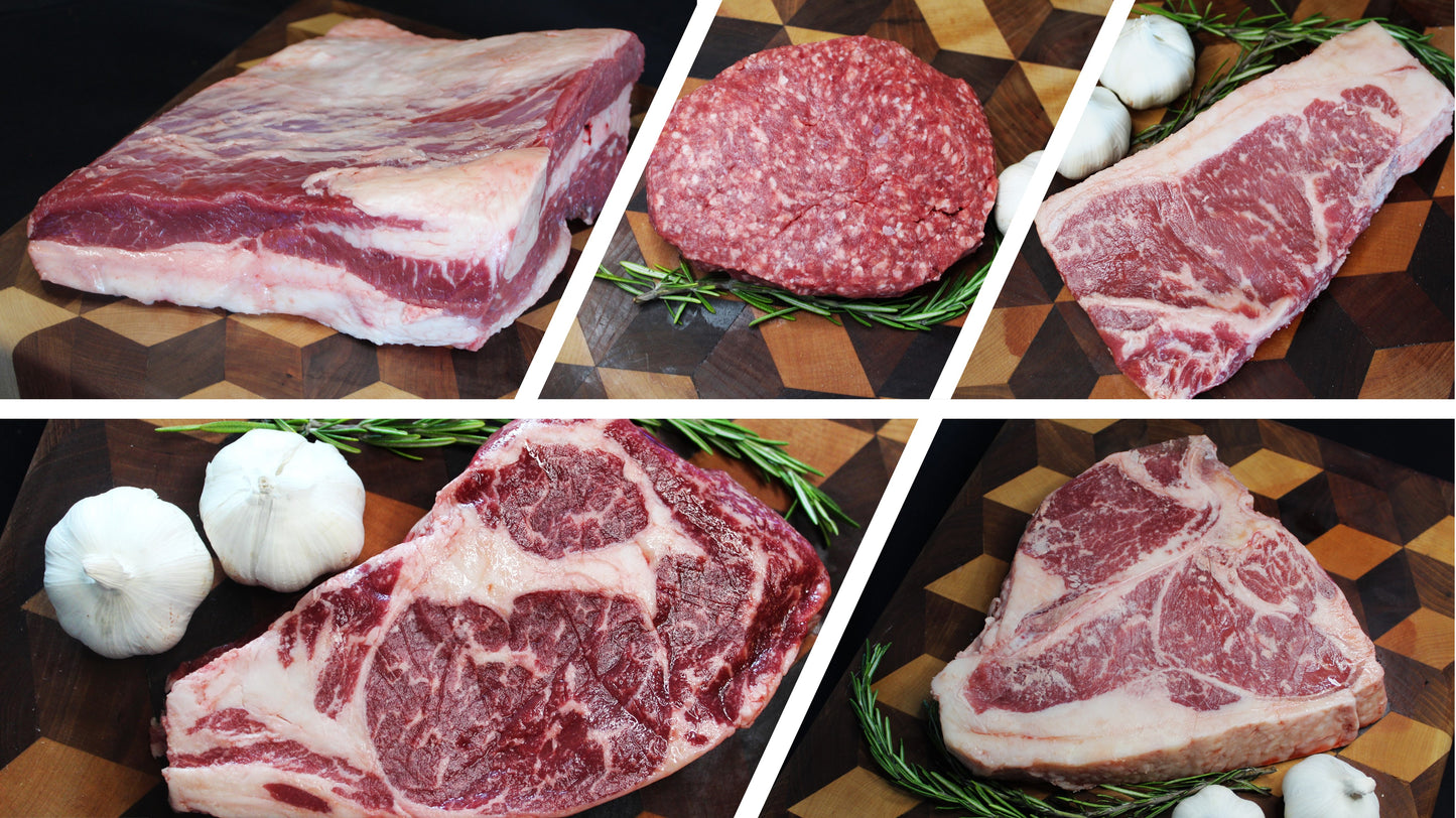 Collage of various cuts of raw beef on a checkered surface.