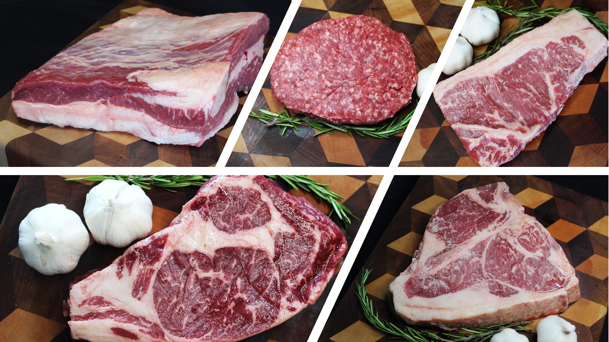 Collage of various cuts of raw beef on a checkered surface.